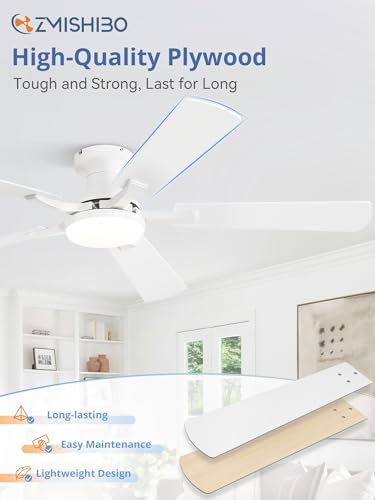 Image of ZMISHIBO 52 Inch Ceiling Fan with Light, App&Remote Control, Flush Mount Low Profile, Dimmable 20W LED Light, Quiet Reversible Motor for Bedroom, Living Room, Apartment, White