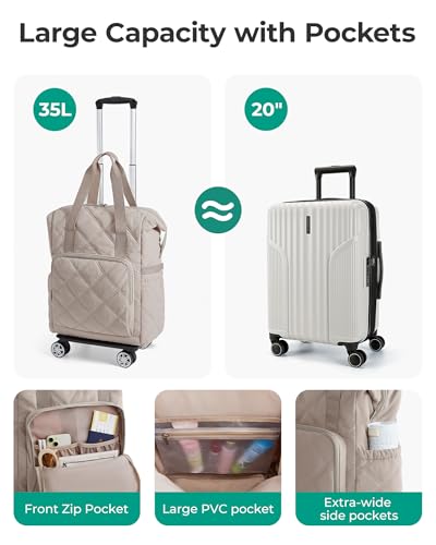 BAGSMART Rolling Duffle Bag with Wheels, 35L Carry on Travel Bag with Detachable Wheels, PVC Wet Pocket Duffel bag with Wheels, Camel3