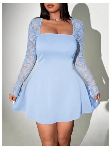 Image of Floerns Women's Plus Size Lace Sheer Long Sleeve Square Neck Mini Dresses | A Line, Curvy, Flare, Birthday, Night Out, Party, Wedding Guest, Formal, Mini Dress