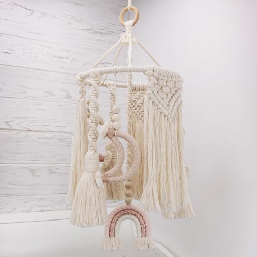 Image of Macrame Rainbow Moon Baby Crib Nursery Mobile Wall Hanging Decor Baby Crib Mobile for Girls Ceiling Mobile Fiber Wall Art