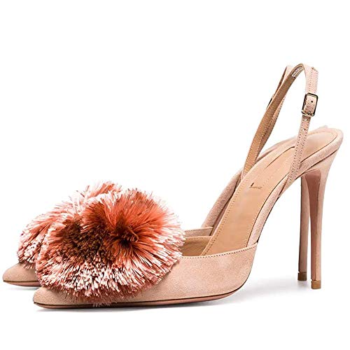 Divanne Pumps for Women,Puff Pompom High Heels Pointed Toe Slingback Pumps Stiletto Heel Sandals Evening Party Wedding Shoes2