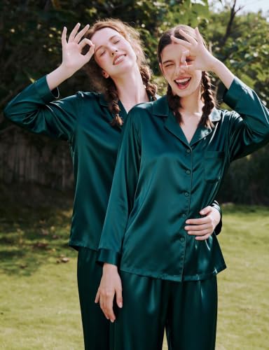 Image of SWOMOG Long Sleeve Pajamas Set Silk Satin Sleepwear Button Down Pjs Loungewear with Pocket