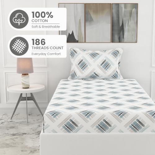 Image of LORETO - A QUALITY LINEN BRAND 186 TC 100% Pure Cotton Single Fitted Bedsheet with 1 Pillow Cover for 78 x 36 Inch Mattress, All-Around Elastic, 8 Inch Deep Pocket, Mist & Charcoal Grid