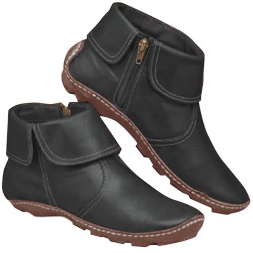 Generisch Botines para mujer, botas cortas planas con cordones de piel sintética impermeable botas ortopédicas con cremallera otoño invierno mujer botas de entretiempo, Negro , 41 EU