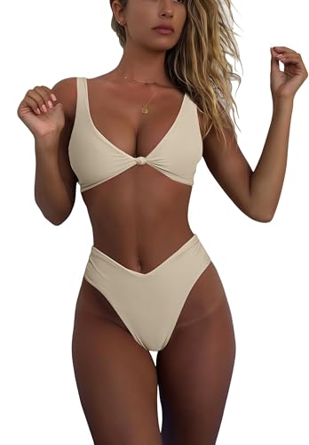 Image of geluboao Bikini Set for Women Solid V Neck Knot Front Push Up High Leg Thong Two Piece Swimsuit