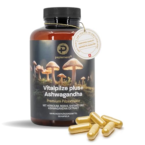 Vitalpilz plus+ Ashwagandha Kapseln | Mushroom Complex – 120 Kapseln – Lions Mane (Hericium), Reishi, Shiitake & Ashwagandha Extrakt – 30–50% Polysaccharide, 2,5% Withanolide – Vegan