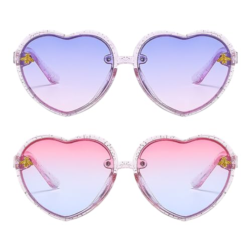 UEIOAVL Gafas de sol para niña, 2 gafas de sol con forma de corazón para niños y niñas, gafas de sol de playa de moda retro (rosa, morado)