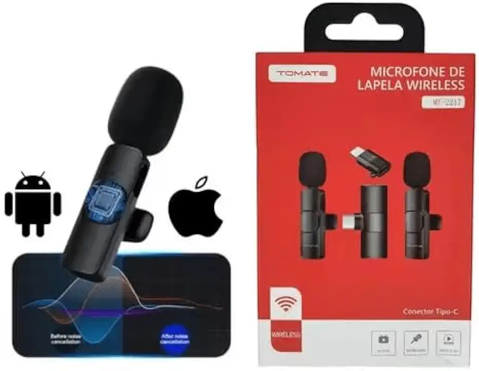 Microfone Lapela Sem Fio Duplo Tomate 2218 para iPhone iOS – 2 Peças, Áudio Profissional, Ideal para Vídeos, Lives, Entrevistas e Gravações