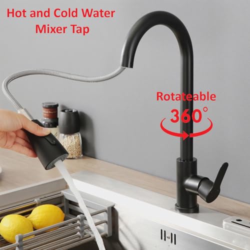 Image of SS-304 Pull Down Sprayer Kitchen Hot and Cold Sink Mixer Tap with 360 Swivel Spout and Pull Out Multifunction Spray Head Faucet - Regular (Fusion Matt Black)