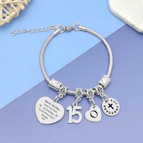 Image of 15th Birthday Gifts Bracelet Initial Gifts for Girls Christian Bracelet Happy 15th Birthday Gift for Daughter Granddaughter Son Letter A-Z Gift Bible Verse Gifts Inspirational Gift for Niece Friends
