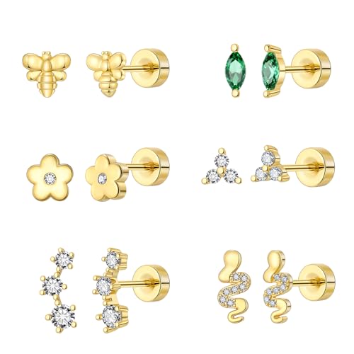 XYJZXY Flat Back Earrings for Women 18k Gold Hypoallergenic Surgical Steel Earrings for Sensitive Ears Bow Heart Bumble Bee Flower Moon Star Snake Helix Cartilage Piercing Jewelry
