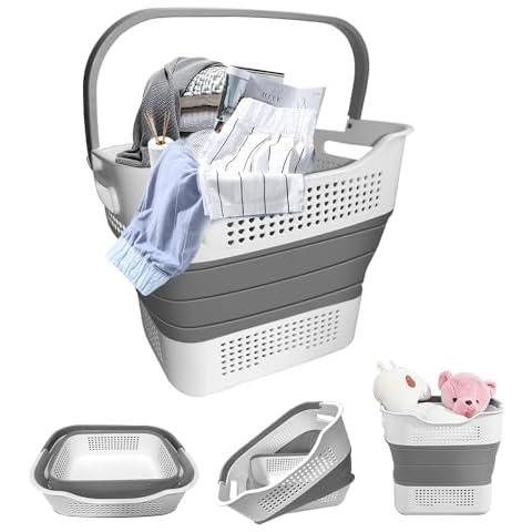 Collapsible Plastic Laundry Basket Tub Pop Up Clothes Storage Organizer, 30L(8 Gallon) Small Foldable Clothing Washing Hamper Container Bin, Space Saving Crate for Harvest, Garden, Pool, Travel, Gray Cover