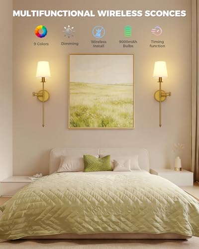 Image of Joosenhouse Battery Operated Wall Sconces (Set of 2), Wireless Dimmable Wall Lights, 9 RGB Color Options, 24.8-inch Brass Indoor Wall Lamps, for Decorating bedrooms, Living Rooms, and hallways