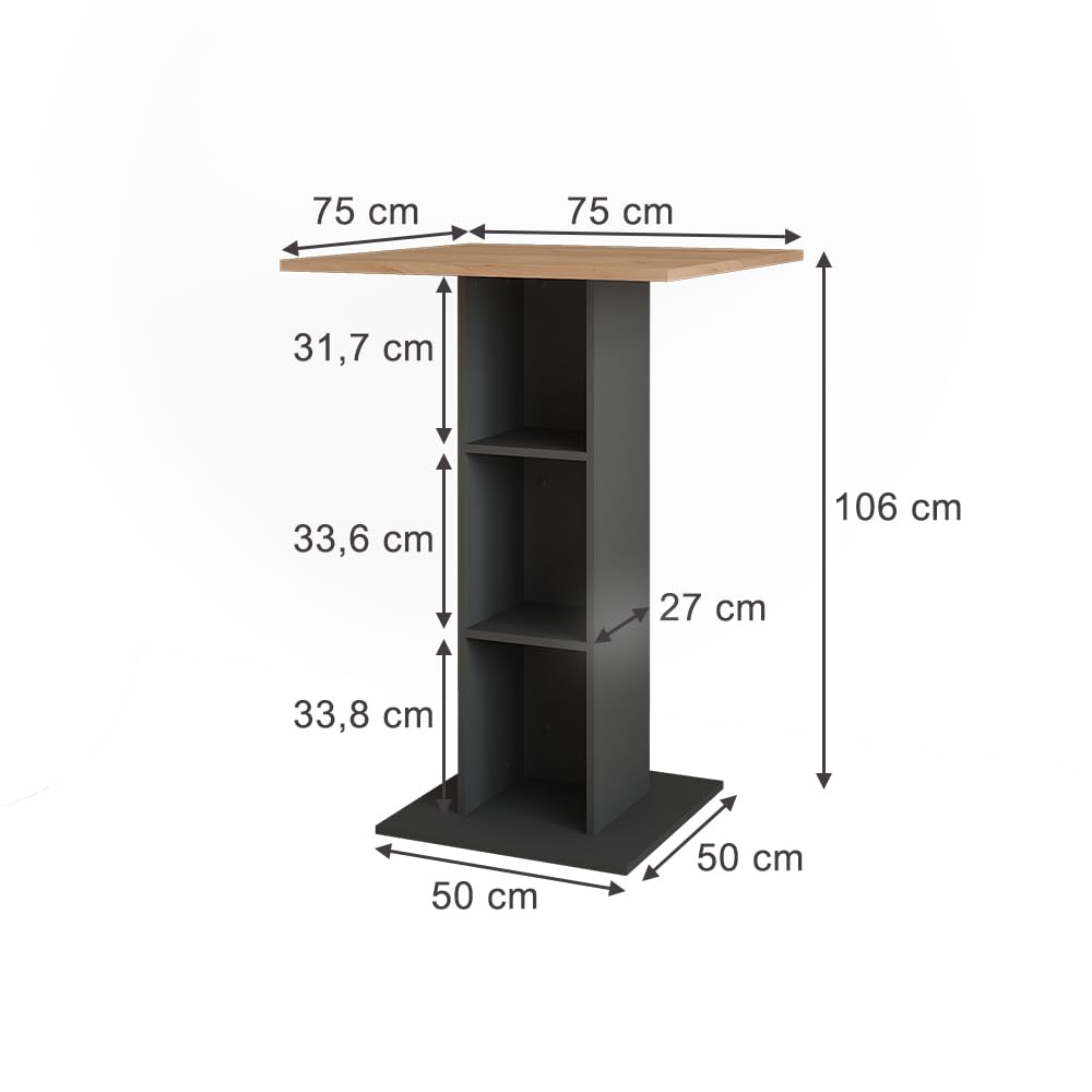 Vicco Bartisch Repose, Goldkraft Eiche/Anthrazit, 75 x 75 cm, zur Verwendung als Stehtisch mit höhenverstellbaren Einlegeböden