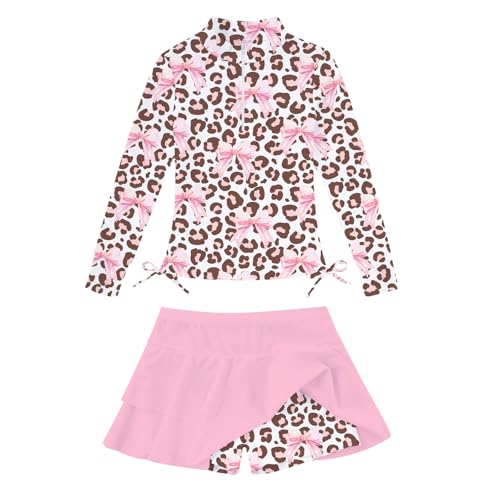 Image of Vogseek 3-12T Girls Swimsuit Long Sleeve Rashguard Bathing Suits Swim Set | Quick Dry, UPF 50+ Sun Protection, Swimming Skirt, Boyshorts, Zipper Two Piece Long Sleeve Swimsuits, Adjustable Drawstring