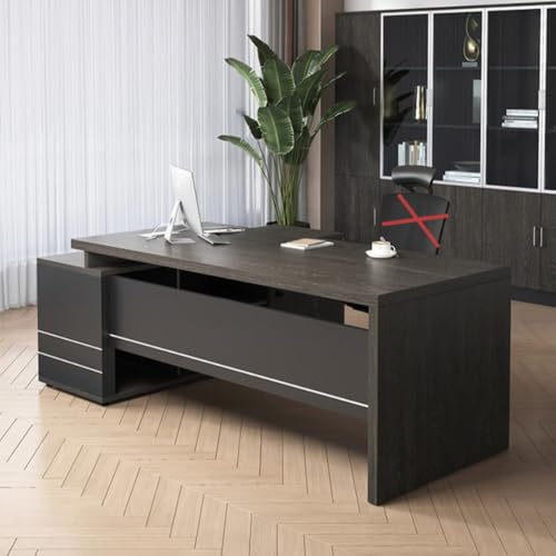 LAJOKING オフィスデスク、エグゼクティブデスク、サイドキャビネット付き、L字型、木目仕上げ、一体型収納、モダンでシンプル、オフィスや商業スペースに最適 (B,長さ160cm)