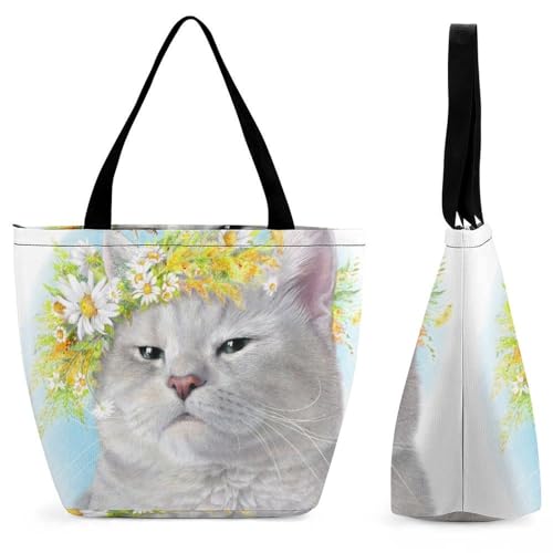 Sac de shopping pour voyage motif chat et fleurs stylé pour vos escapades