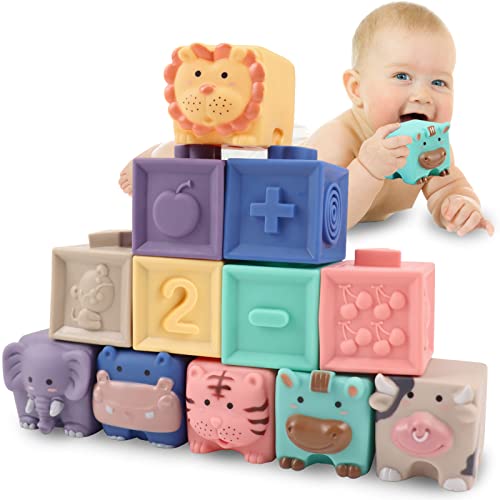 KLT Baby Blocks 12 Pcs-Baby Toys for Toddler Baby Girl Boy 0-3-6-9-7-8-12-18 Months-Soft Stacking Building Blocks-Montessori Infant Teething Chewing Toy-Squeeze Sensory Toys-Newborn Baby Bath Toy