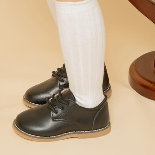 Image of Meckior Toddler Boys Girls Dress Shoes Little Kid Oxford Shoes Wedding Church Dress Shoes PU Leather Lace Up School Uniform Loafer Flats