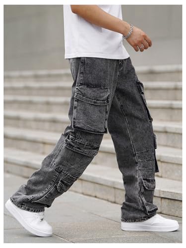 SOLY HUX Men's Cargo Jeans Y2k Grunge Hip Hop Wide Leg Baggy Denim Pants Streetwear with Pockets3