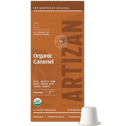 Artizan Coffee USDA Organic Espresso Coffee Capsules For Nespresso Original | Caramel Flavored | 10 Compatible Compostable Pods