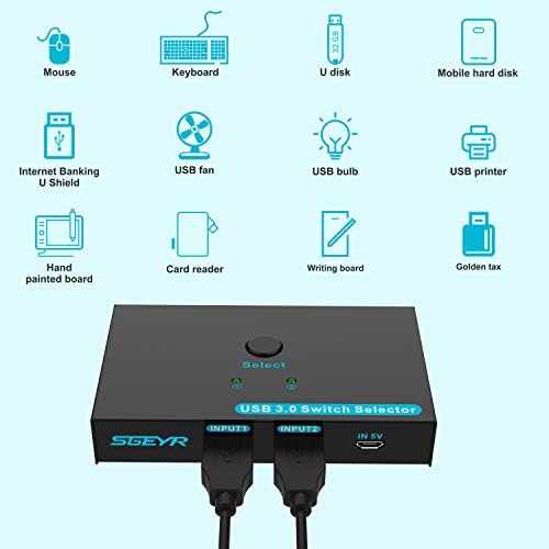 USB 3.0 Switch SGEYR 2 In 4 Out USB Sharing Switch 4 Ports USB KVM Switcher USB 3.0 Hub for Mouse Keyboard Scanner Printer with 2 Pcs of 1.5M USB 3.0A to A Cable and One Button Switch
