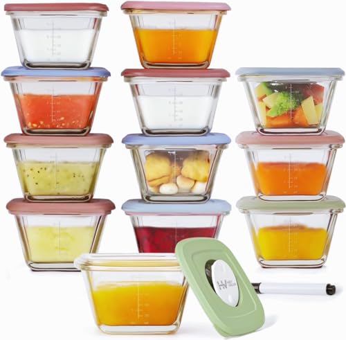 Image of HEYVALUE Baby Food Containers, 12 Container Set, 4 oz Glass Baby Food Jars With Lids, Small Baby Food Maker, Infant Storage Container, Microwave, Dishwasher & Freezer Safe, BPA Free, Pink