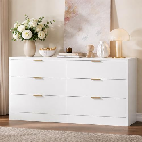 White Dresser for Bedroom-Tall Dresser Chest of Drawers with Gold Handles, 47.2'' wide 6 Drawer Dressers & Chests of Drawers,Modern Chest of Drawers for Bedroom, Living Room, Entryway, Hallway