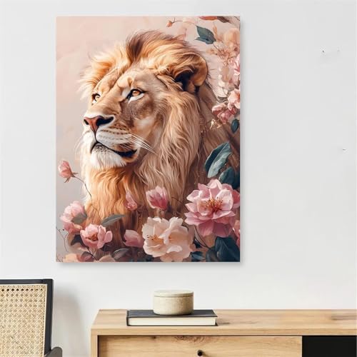 DIY Peinture par Numéro Lion Adulte 45x60cm - Coloriage Toile Fleur avec Cadre