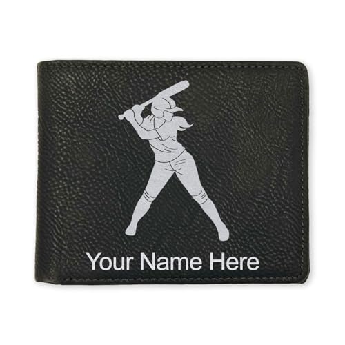 LaserGram Faux Leather Bi-Fold Wallet, Softball Player Woman, Personalized Engraving Included (Black with Silver)
