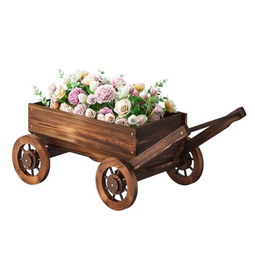 PULIJIAJU Wooden Wagon Garden Planter Cart with Wheels Rustic Flower Pot – Indoor Outdoor Patio Backyard Balcony Decor for Succulents, Flowers and Plants（Carbonized-L