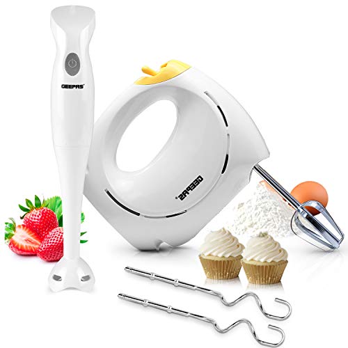 Geepas Hand Blender & Hand Mixer Combo Set | 2 Speed Food Collection Immersion Blender with 7 Speed Mixer for Baking | 200W/150W | Doughs Hooks/Beaters Included | 2 Year Warranty