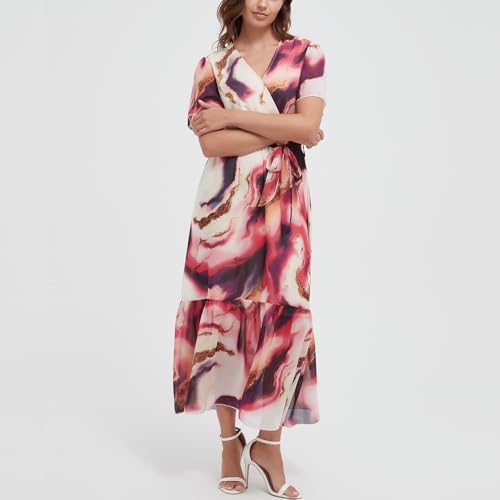 Image of Women's Summer Bohemian Floral Chiffon Dress Cap Sleeve V Neck Ruffle Long Flowy Boho Casual Vacation Dresses