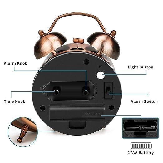 Ncry Vintage Twin Bell Analog Display Table Alarm Clock with Night Led Light Heavy Slippers Extra Loud Alarm Clock Ideal for Student and Kids Bedroom (Copper) - 9 Cm 3