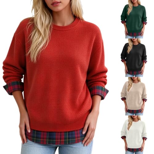 Womens Waffle Knit Christmas Sweatshirts Plaid Shirt Patchwork Crewneck Top - image 1