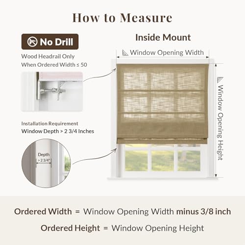 Image of TWOPAGES Liz No Drill Cordless Roman Shades Linen Textured Roman Blinds for Windows, Custom Made Room Darkening Blackout Roman Window Shades, Hardware Included, Khaki, 1 Piece