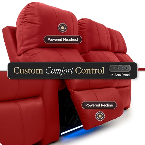 Image of Seatcraft Monterey Red Italian Leather Home Theater Seating, Zero Gravity Power Recliner, Gaming and Home Office Chair, Powered Headrest Furniture for Family Cinema Room, Row of 3 Left Loveseats