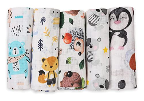 FENSILO Mulltücher Baby Mullwindeln - 5er Pack 70x80 cm - Stoffwindeln, Made IN EU, schadstoffgeprüft - Spucktücher Baby Junge – Baby Mullwindeln - 5er-Pack Tuch mit Blaubär und Pinguin