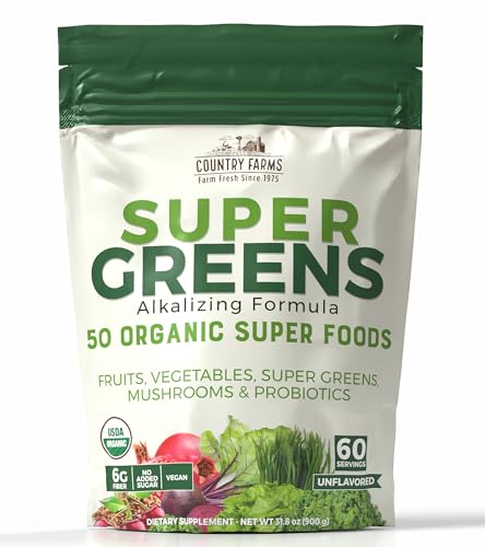 Image of Country Farms Super Greens Natural Flavor, 50 Organic Super Foods, USDA Organic Drink Mix, Fruits, Vegetables, Super Greens, with Fiber, Mushrooms & Probiotics, Supports Energy, 60 Servings, 900g