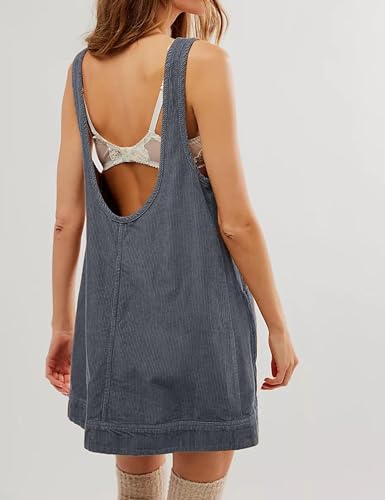 Image of Hooever Women's Corduroy Overall Dress Round Neck A Line Skirtall Jumper Mini Dress Pinafore with Pockets