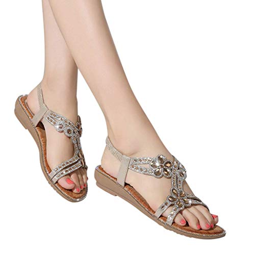 Women's Flat Sandals Bohemian Crystal Flats Low Wedge Rhinestone Open Toe Ankle Elastic Flip Flops for Wedding2