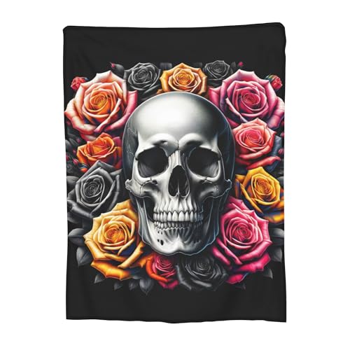 VODRM Horror-Totenkopf-Decke, Geschenke für Kinder und Erwachsene, weich, warm, leicht, gemütlich, weiße und schwarze Totenköpfe, Rose… – Ansicht 3