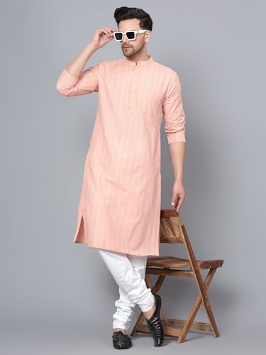 Image of LATEST CHIKAN Men's Cotton Regular Striped Knee Lenght Kurta Full Sleeves - Casual Ethnic Wear