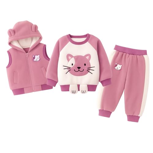 Image of Bold N Elegant Unisex Kids Fur Printed 3D Reindeer Cartoon Thick Winter Warm T-Shirt Pant With Hood Jacket 3 Pc Clothing Set