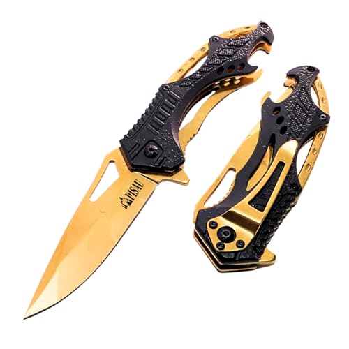 PISAU Folding Pocket Knife with Liner Lock, Bottle Opener and Glass Breake (Gold)