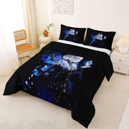Image of Erosebridal Gothic Girls Comforter Set for Kids Boys Girls A Girl Wearing A Crown Bedding Butterfly Diamond Feather Print Duvet Set Coquette Princess Comforter Queen with 2 Pillowcases