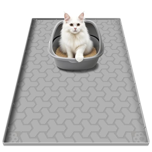 Silicone Cat Litter Mat, Large 34'x22', Foldable and Easy to Clean, Waterproof, Leak-Proof, and Urine-Proof, Protects Floors, Suitable for Indoor Litter Box Mats.(Gray)