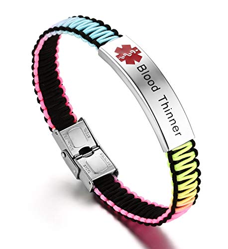 JF.JEWELRY Blood Thinner Medical ID Alert Bracelet for Women Rainbow Nylon Braid Bracelet
