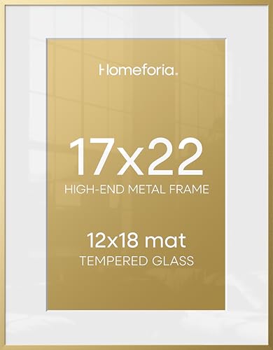 Image of Homeforia 17x22 Picture Frame Gold, High End Metal 17x22 Poster Frames with Mat 12x18 Photo, 17 x 22 Gold Frame Matted to 12 by 18 Print, 22by17 Thin Hanging Frames, Tempered Glass, Wall Kit, Set of 2