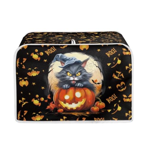 Image of Talayituse Halloween Cat Pumpkin Bat Print 2 Slice Toaster Dust Covers Kitchen Small Appliance Cover, Stain Resistant Dust Protection Bread Machine Cover with Top Handle Halloween Decor, S